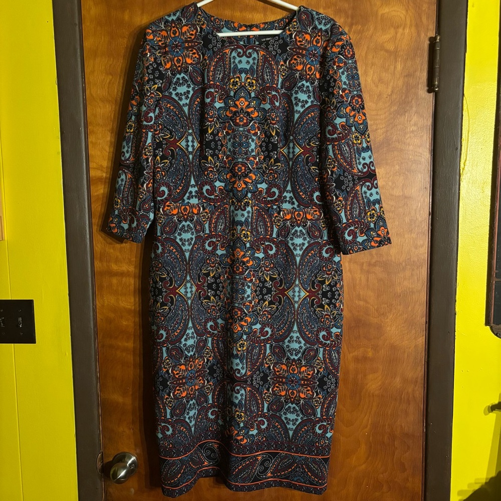 Liz Claiborne Vibrant Paisley 3/4 Sleeve Pencil Dress Size 14